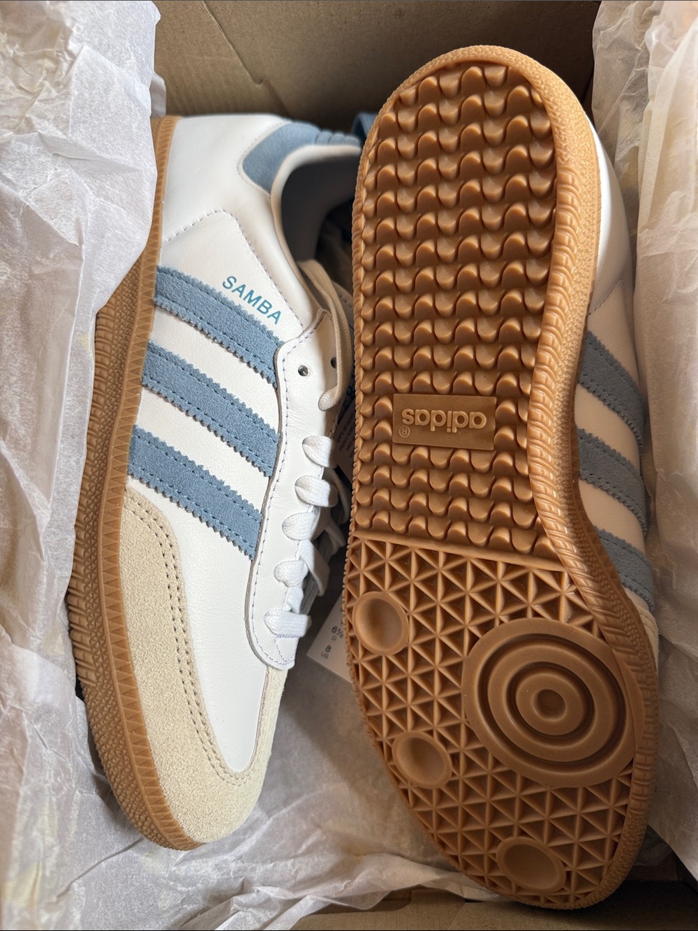 Adidas Original Samba White Leather Sneakers with Blue/Gray Stripes and Gum Sole - Picture 6 of 8